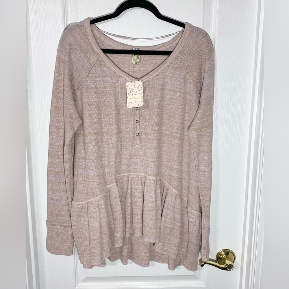 NWT Free People Peplum Waffle Knit Long Sleeve Henley Tee Large